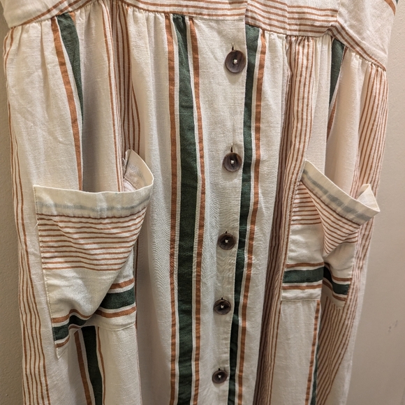 Zara Striped Rustic Dress Linen Button Front Pockets Self-tie Open Back- L/12 - Picture 8 of 16